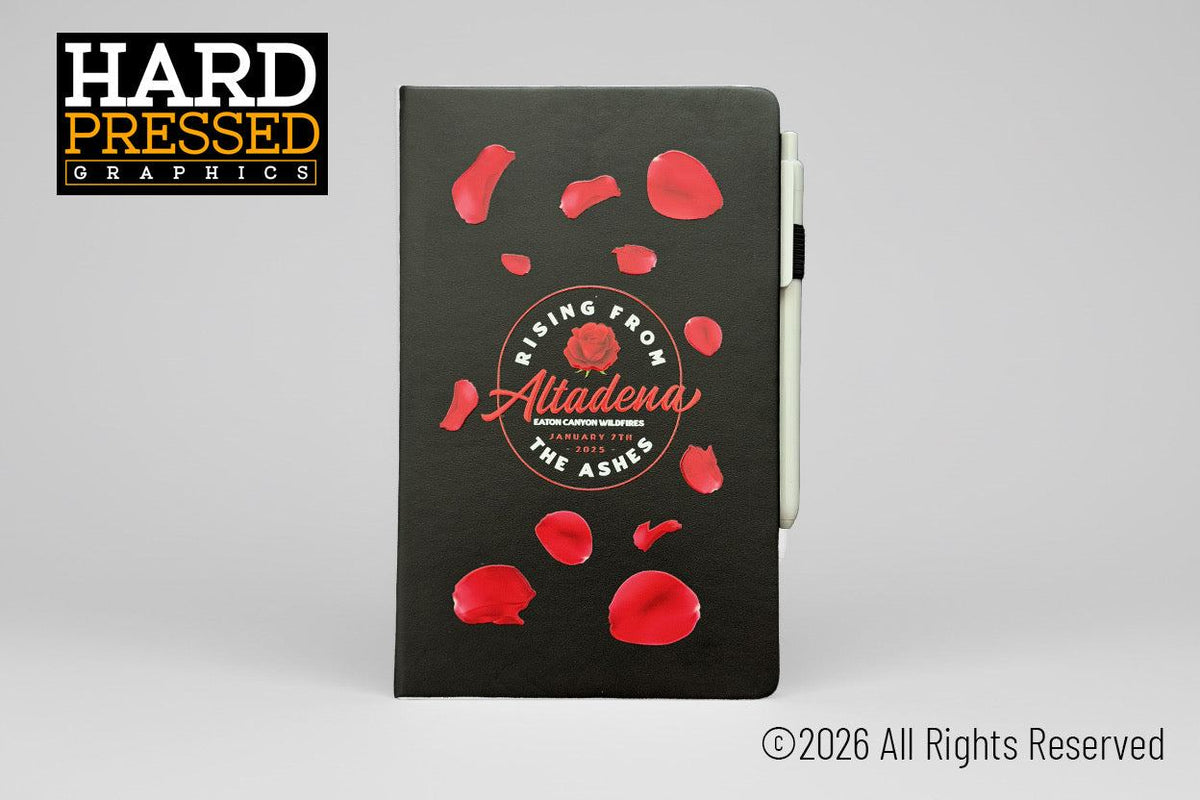 Black Rising From the Ashes Notebook with pen, red rose and petals design, 64 sheets, 128 pages