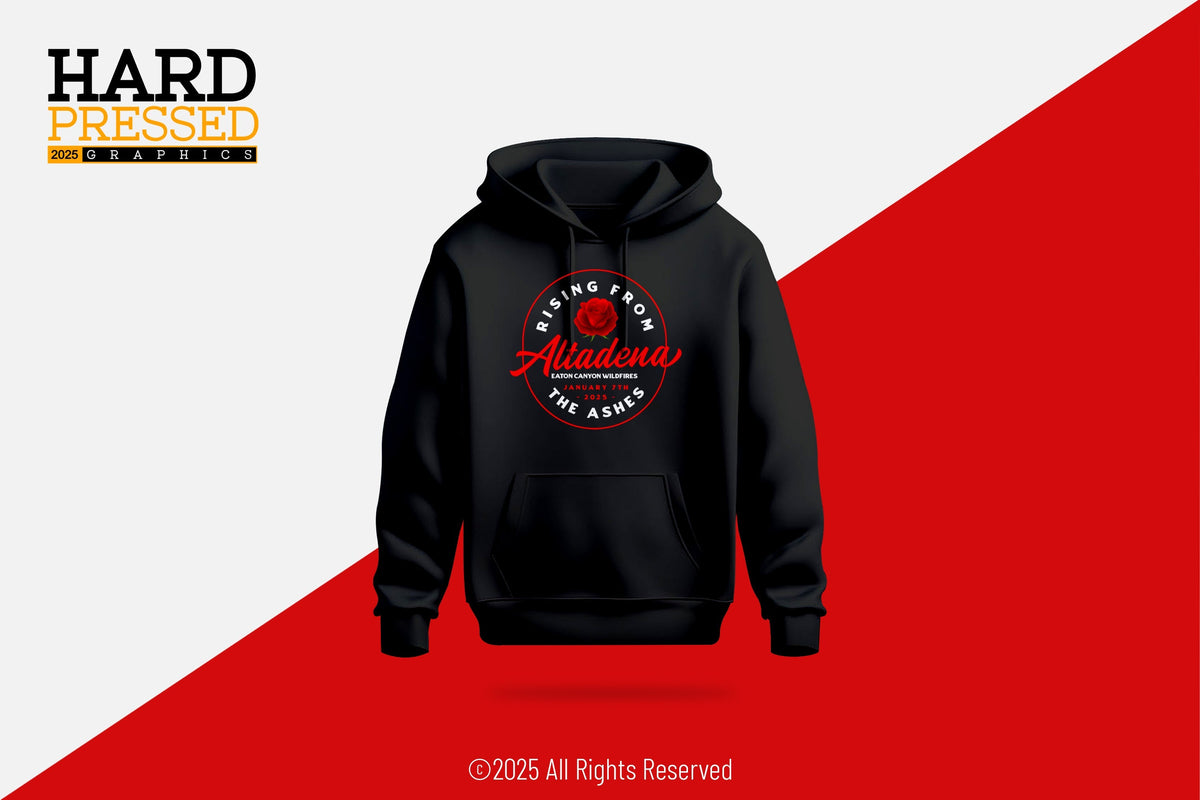Black hoodie with rose and rising from the ashes text