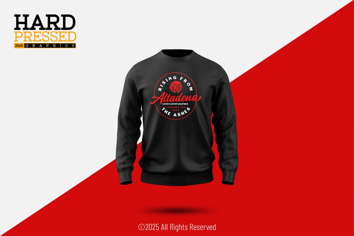 black hoodie with rose and rising from the ashes text