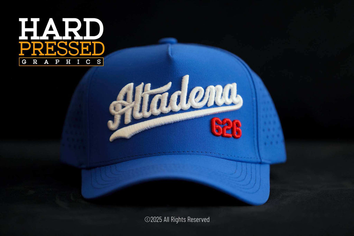 Royal blue jersey flip snapback hat with white Altadena and red 626 lettering