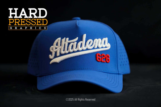 Royal blue jersey flip snapback hat with white Altadena and red 626 lettering