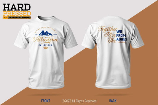 white t-shirt with mountains and Together we Rise wildfire message