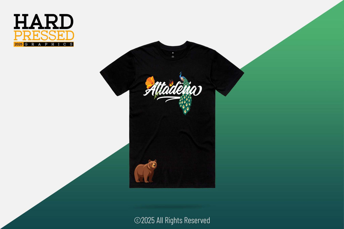 Wildlife series t-shirt with butterfly, poppy flower, peacock, and bear design